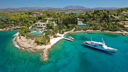 Aerial drone photo of Chinitsa bay a popular anchorage crystal clear turquoise sea bay for yachts...