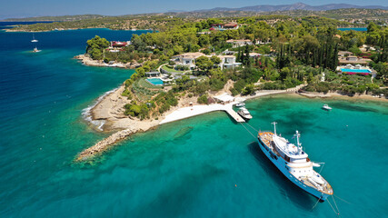 Aerial drone photo of Chinitsa bay a popular anchorage crystal clear turquoise sea bay for yachts...