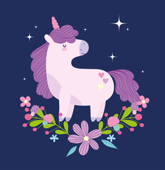 little unicorn flowers fantasy magic animal cartoon dark background