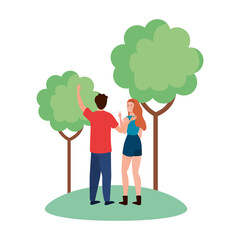 Woman and man avatar backwards at park with trees design, Person people and human theme Vector illustration