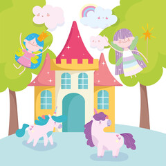 Obraz na płótnie Canvas little fairies princess with magic unicorns castle tale cartoon