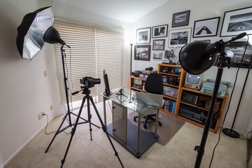 Home office set up as vlogging studio with lights, camera and tripod for work, school or...
