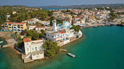 Aerial drone photo of famous fjord seaside village and bay of Porto Heli in the heart of Argolida prefecture, Peloponnese, Greece