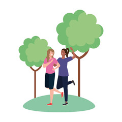 women avatars at park with trees design, Woman girl female person and people theme Vector illustration