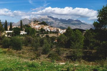 Panorama view on the hills of Polop de Marina surounded by green forest at the Costa Blanca, Spain