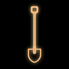 Bright luminous yellow industrial digital neon sign for shop workshop service center beautiful shiny with a shovel for repair on a black background. Vector illustration