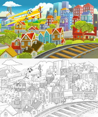 cartoon scene with plane and train with sketch of the middle of a city illustration