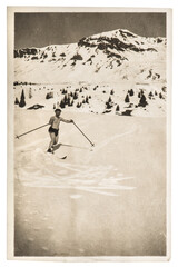 Vintage photo skiing man in snow antique picture