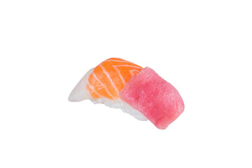 Japanese Nigiri sushi with three types of fish: raw salmon, tuna and rockfish. sashimi with rice, isolation on white background. Japanese cuisine. Pan Asian menu dish isolated.
