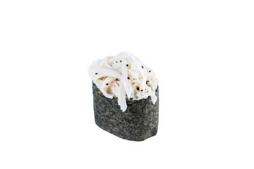 Japanese Gunkan Sushi with Tobiko caviar, rice and snow crab meat wrapped in nori seaweed. Side view Pan Asian dish Gunkan Maki isolated on white background. Kani nigiri with Japanese mayonnaise
