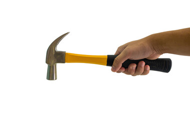 Close-up view of a man's hand holding hammer, isolated on white background. Clipping Path.