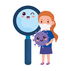 cute girl wearing medical mask to prevent coronavirus covid 19 with cute magnifying glass vector illustration design