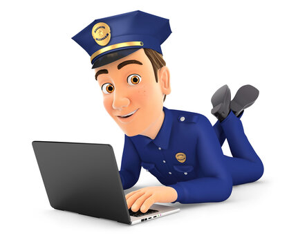 3d policeman lying on the floor and using laptop