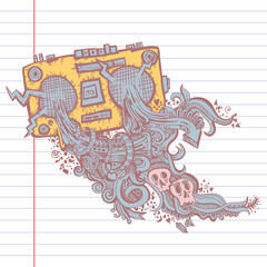 radio doodle artwork skull floral swirl line art illustration
