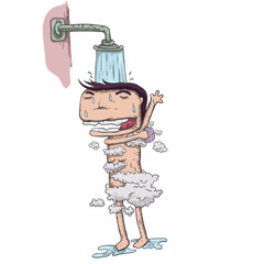man having with soap bubble around body shower cartoon line art illustration
