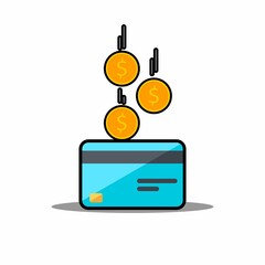 Cash get a bank card - Black Stroke+Shadow icon vector isolated. Cashback service and online money refund. Concept of transfer money, e-commerce, saving account. Flat style vector illustration.