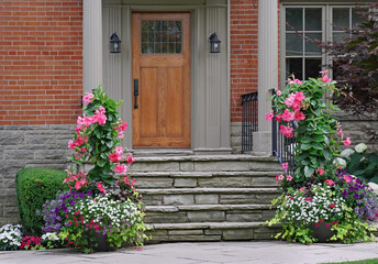 Fototapeta na wymiar Stone steps leading to front door of house, surrounded by summer flowers