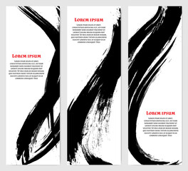 Vertical banners set in modern Asian style. Black rough brush strokes. template for text. Vector illustration.