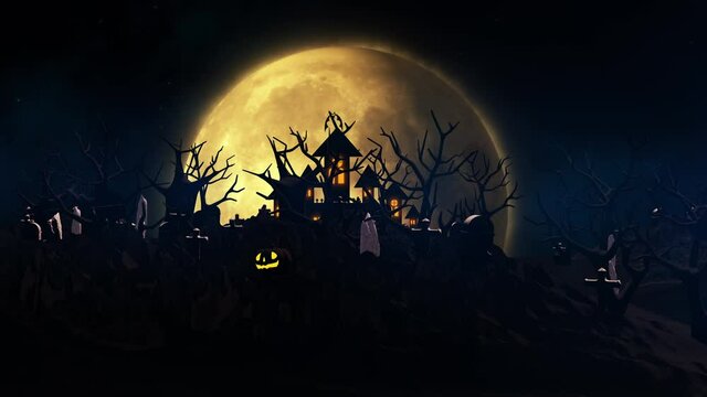 Halloween background with haunted castle, ghost, bats and pumpkins, graves, at misty night spooky with fantastic big moon in sky. 3D animation rendered in 4K