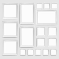Wall picture frame templates isolated on white background. Blank photo frames with shadow and borders vector illustration. Empty frame for photo or image picture in museum. Free space for text.
