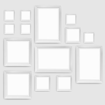 Wall picture frame templates isolated on white background. Blank photo frames with shadow and borders vector illustration. Empty frame for photo or image picture in museum. Free space for text.