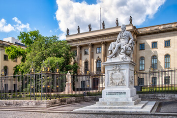 Alexander von Humboldt statue outside Humboldt University from 1883 by Reinhold Begas, Berlin, Germany, - obrazy, fototapety, plakaty