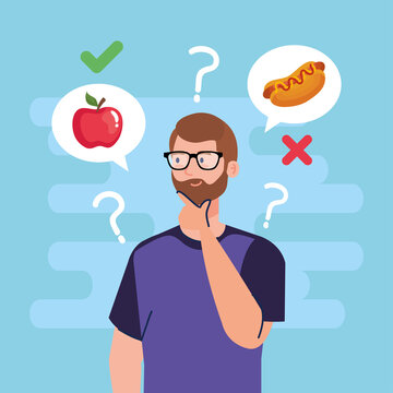 man thinking what to eat design, junk or healthy food decision theme Vector illustration
