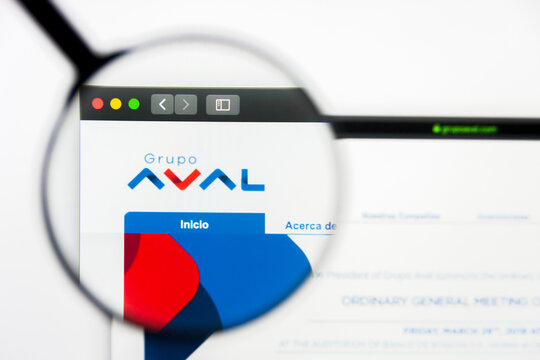 Los Angeles, California, USA - 23 March 2019: Illustrative Editorial of Grupo Aval website homepage. Grupo Aval logo visible on display screen.