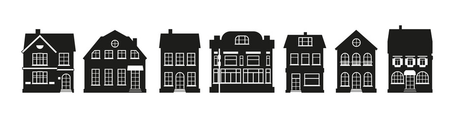 Fototapeta premium Black urban and suburban home cottage. Glyph houses silhouette Amsterdam set. Graphic icon townhouse, european stayle. Different architecture building tall town. Isolated on white vector illustration