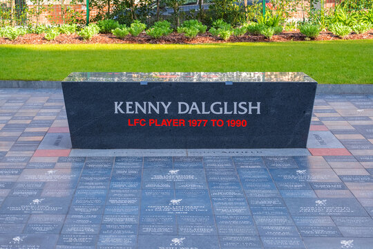 Liverpool, UK - May 17 2018: Anfield Forever is a landscaped area that forms the walkway alongside the expanded Main Stand which people can buy their own personalised engraved granite stone