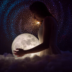 Female magic and beauty, girl with the moon, sky and stars. Zodiac and horoscope