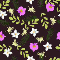 Seamless vector tropical flowers with dark purple background. ideal for fabric, textile, scrapbook, gift wrap, wallpaper,  curtains, blankets etc