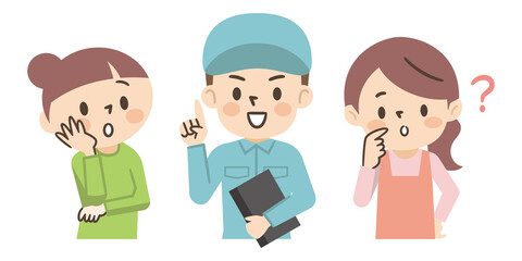 疑問や悩みを持った主婦と問題を解決する男性作業員
