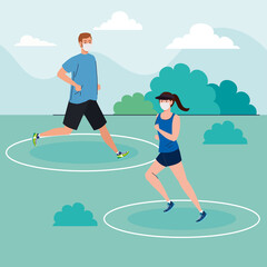 Social distancing between man and woman with masks running at park design of Covid 19 virus theme Vector illustration