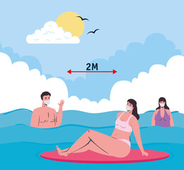 Social distancing between boy and girls with medical masks at the sea design, Summer vacation tropical and covid 19 virus theme Vector illustration