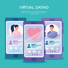 Woman and man chatting in smartphones with like heart design, Virtual dating and relationship theme Vector illustration