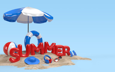 3D Text Summer on Beach Island With Beach Umbrella, Sun Glass, Flip-Flops, Ball, Ring Floating For Background Banner or Wallpaper. Design of Summer Vacation Holiday Concept. 3D Rendering