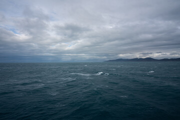 View from a ferry crossing the cook strait between the north and south island of New Zealand
