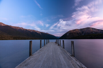 Sunset at they jetty at  Lake Rotoiti in Sant Arnaud in the South Island of New Zealand