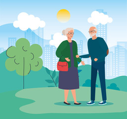 Grandmother and grandfather avatar at park design, Old woman man female male person mother father and grandparents theme Vector illustration