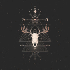 Vector illustration with hand drawn Deer skull and Sacred geometric symbol on black vintage background. Abstract mystic sign.