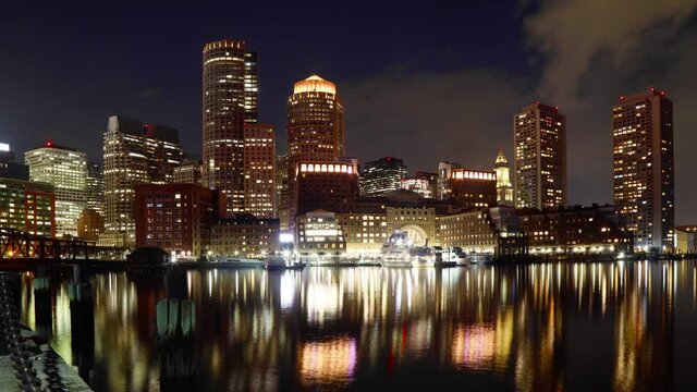 Boston skyline timelapse waterfront at night