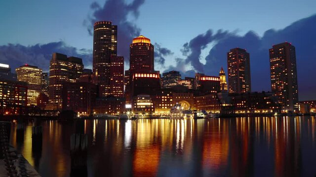 Boston skyline timelapse waterfront at night