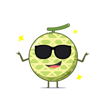 Cute melon character using sunglasses isolated on white background. Melon character emoticon illustration