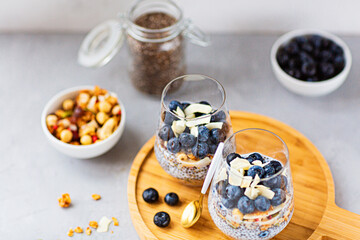 Obraz na płótnie Canvas Chia pudding with granola and fresh blueberries in the glasses on a gray concrete background with copy space. Concept of healthy eating, healthy lifestyle, dieting, fitness menu. Selective focus