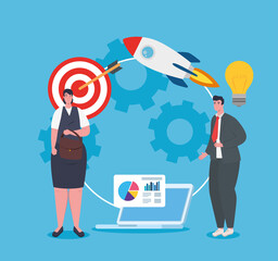woman and man with rocket and icon set design, Start up plan idea strategy and marketing theme Vector illustration