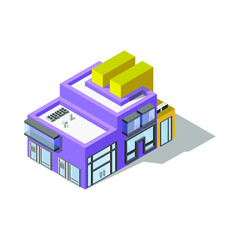 The building is in a modern style with balconies and garage, yellow-purple color isometry. Megalopolis. Architecture.eps