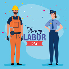 Obraz na płótnie Canvas builder man and police woman design, Labor day holiday and patriotic theme Vector illustration