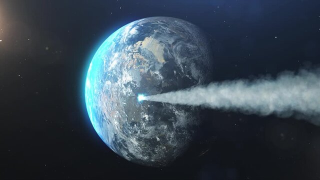 Ice Comet Hitting North america creating Large dust shockwave
Mushroom Cloud created over earth, 3d illustration, Outer space view

