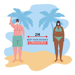 Social distancing between boy and girl with medical masks at the beach design, Summer vacation tropical and covid 19 virus theme Vector illustration